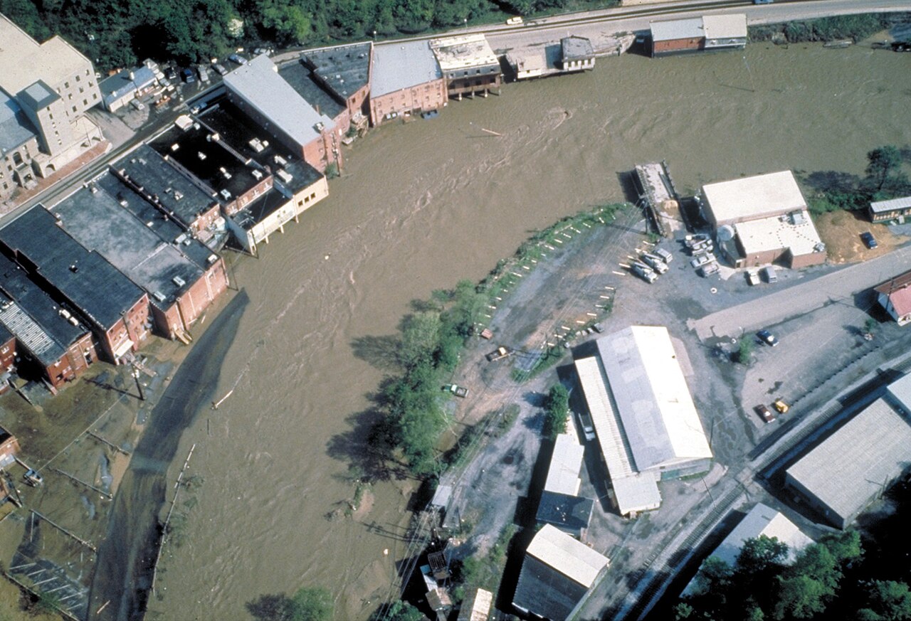 Aerial view of floodwater covering streets and buildings in Grundy, Virginia